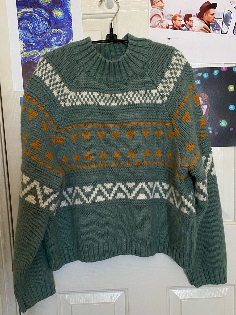 Green Yellow and Cream Geometric Patterned Cabin Fall Pullover Knit Sweater
